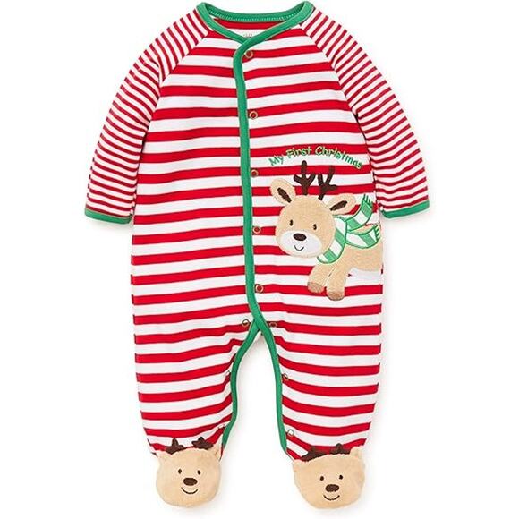 Little Me One Piece Footie Bodysuit in Reindeer Christmas Red Stripes - Picture 1 of 4